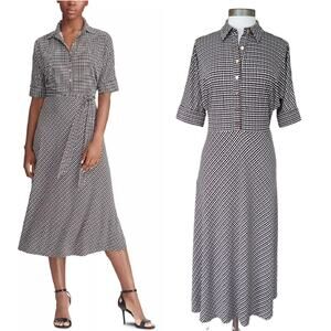 LAUREN Ralph Lauren Houndstooth Midi Shirt Dress Size Large Black Burgundy